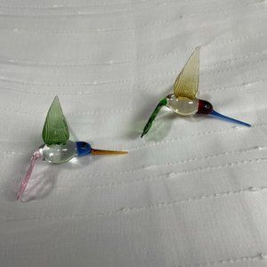 Two Colorful Blown Glass Hummingbirds